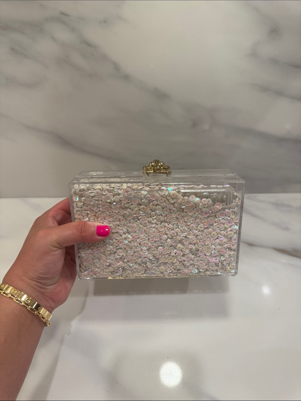 Iridescent Sequin Acrylic Clutch Bag - White